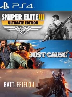 3 JUEGOS EN 1 SNIPER ELITE III ULTIMATE EDITION MAS JUST CAUSE 3 MAS BATTLEFIELD 1 PS4